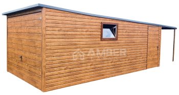 GARAŻ BLASZANY 3m x 6m poziom - spad tył Brama uchylna - wiata - dodatkowe drzwi + okno PCV - drewnopodobny AG214